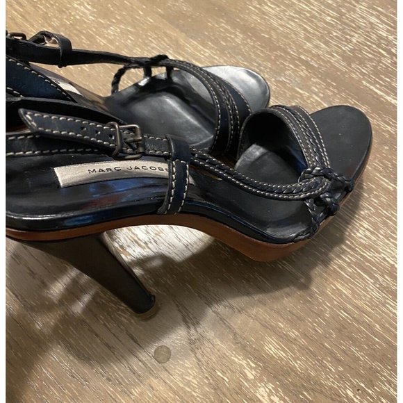 Marc Jacobs Open Toe Black Sling Back Leather White Top Stitch Heel Sz 39.5 VTG - Picture 5 of 8